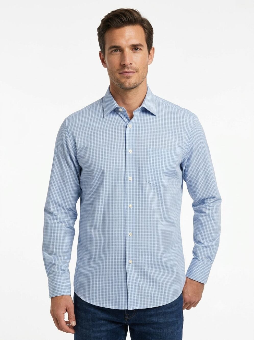 Canali Dress Shirt Men’s 41/16 Blue White Micro Checked Long Sleeve Button Up